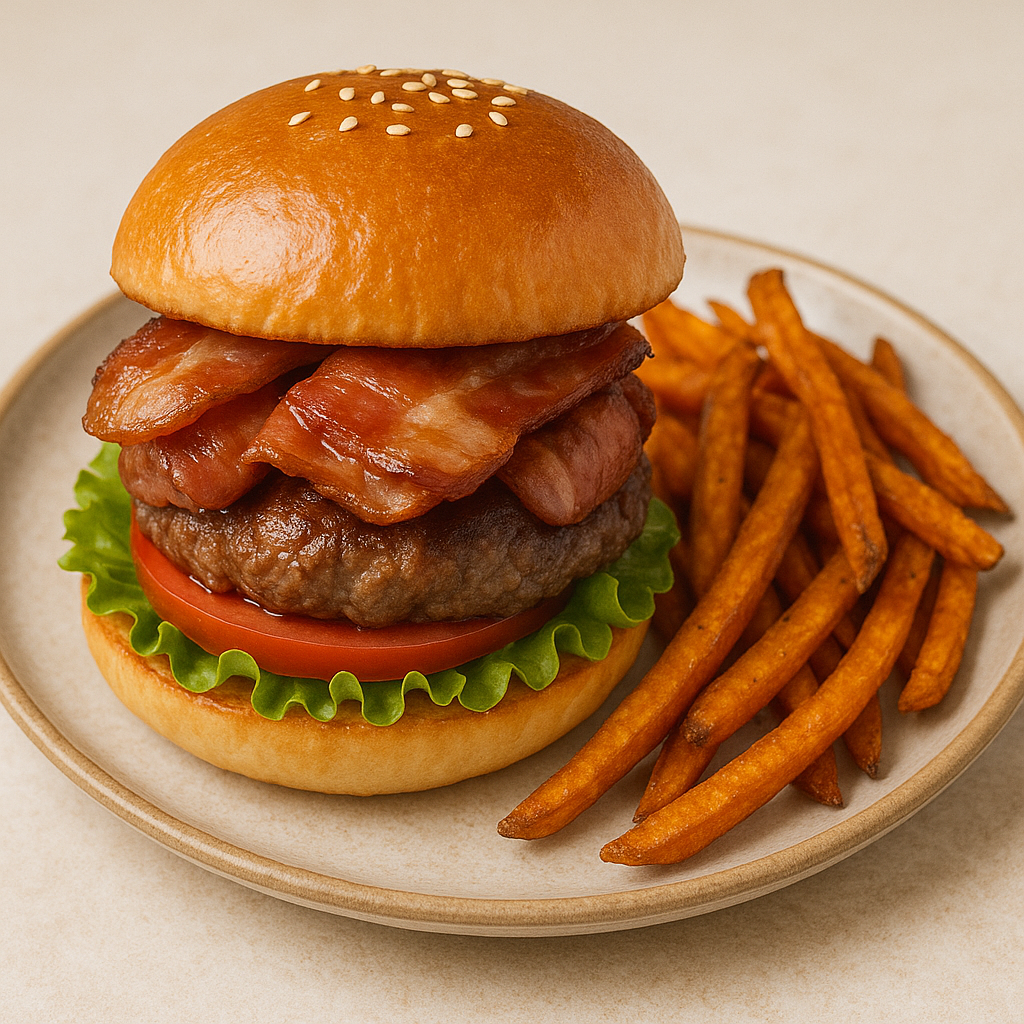 Pigs Under Blankets Burger with Crispy Sweet Potato Fries
