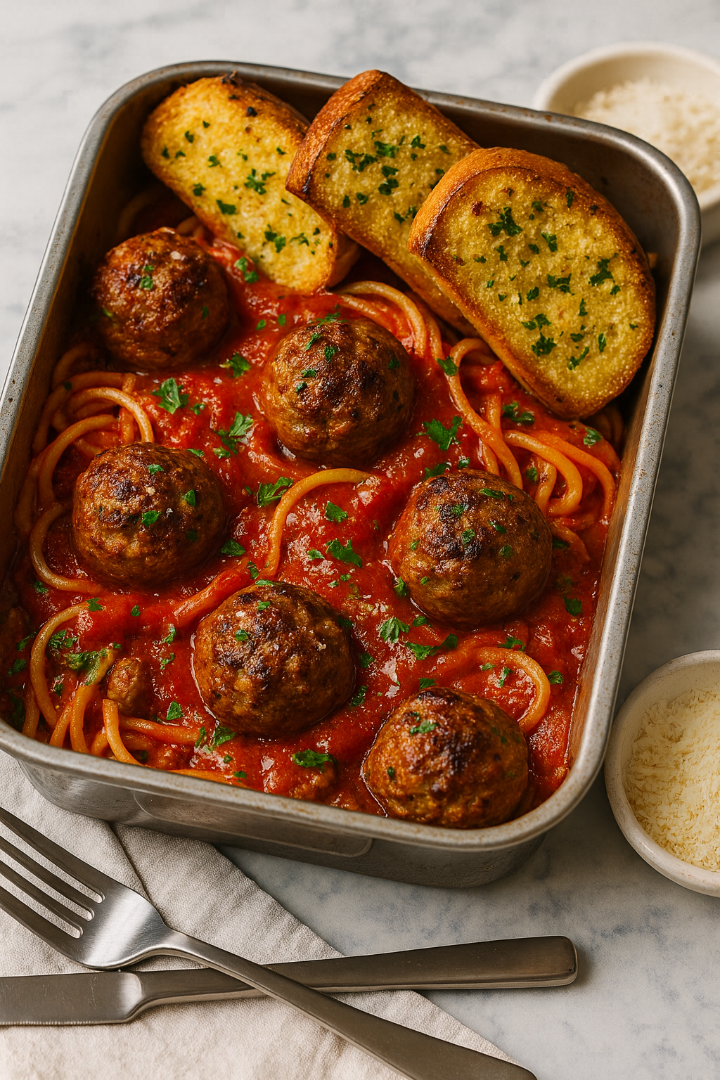Meatball & Garlic Bread Traybake