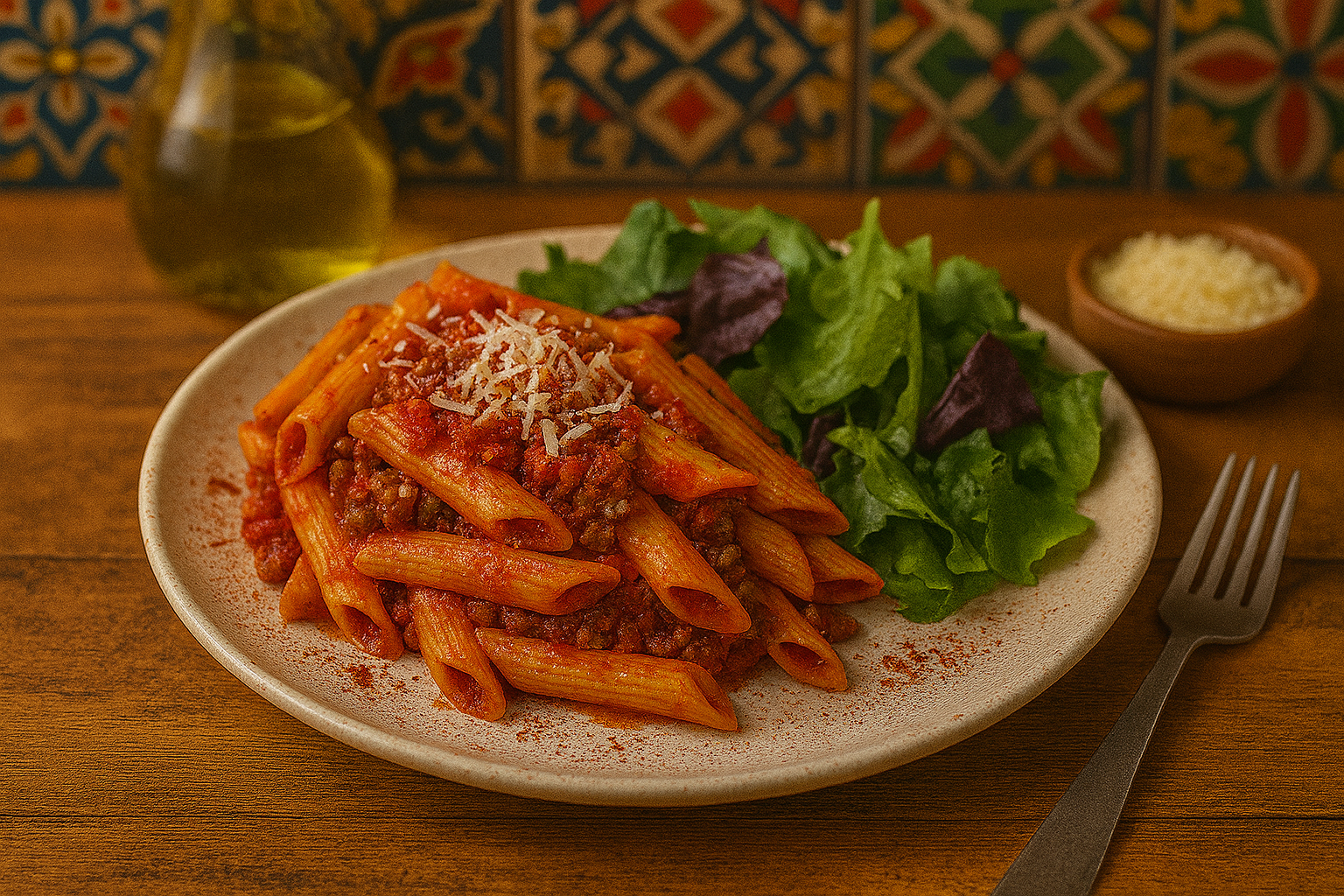 Chilli Tomato Pasta with Mixed Green Salad