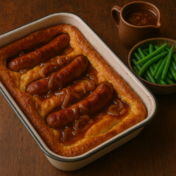 Toad in the Hole with Onion Gravy and Steamed Green Beans