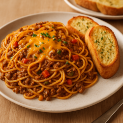 Taco Spaghetti with Garlic Bread