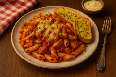 Chicken Pasta Bake with Garlic Bread
